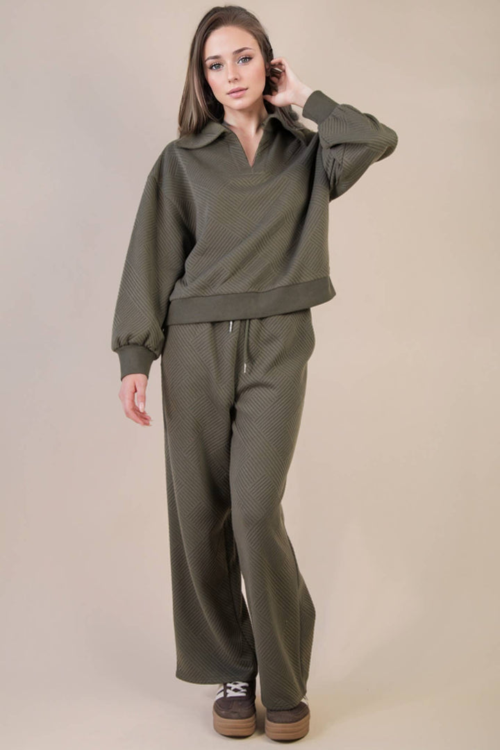 NT12404SET-Textured Knit Casual Comfy Top & Pants Set: H GREY / S-M-L/2-2-2-Anatomy Clothing Boutique in Brenham, Texas
