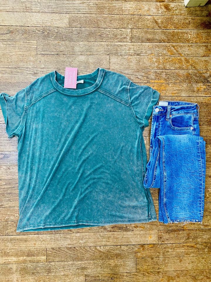 Lived In Ribbed Tee - Green-Tops-Anatomy Clothing Boutique in Brenham, Texas