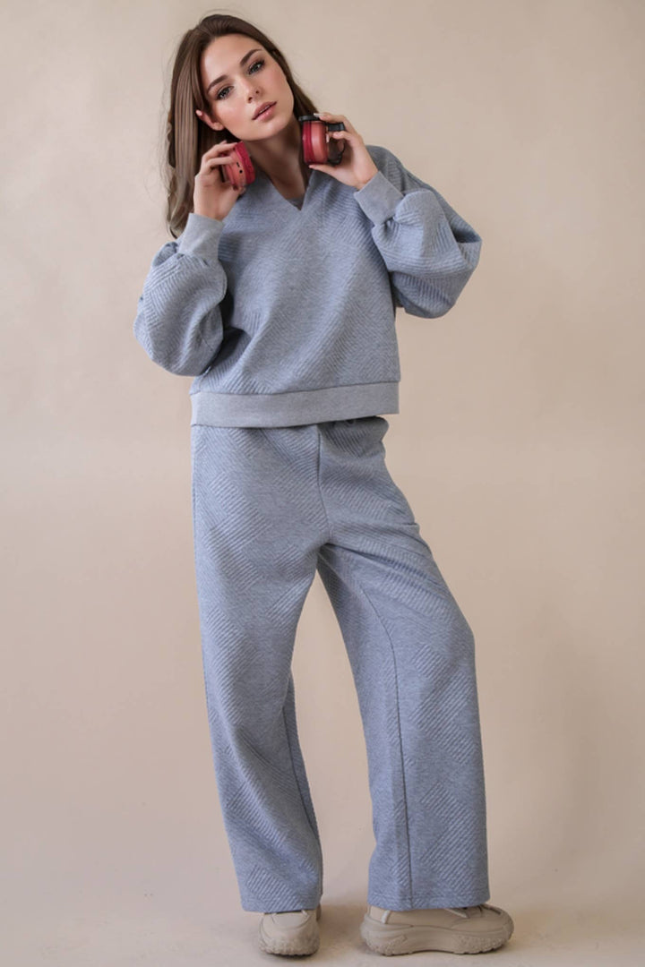 NT12404SET-Textured Knit Casual Comfy Top & Pants Set: H GREY / S-M-L/2-2-2-Anatomy Clothing Boutique in Brenham, Texas