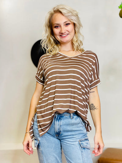 Terri Striped V Neck Tee - Mocha-Tops-Anatomy Clothing Boutique in Brenham, Texas