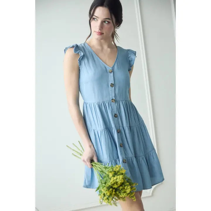 Chambray Button Down Tiered Mini Dress-Dresses-Anatomy Clothing Boutique in Brenham, Texas