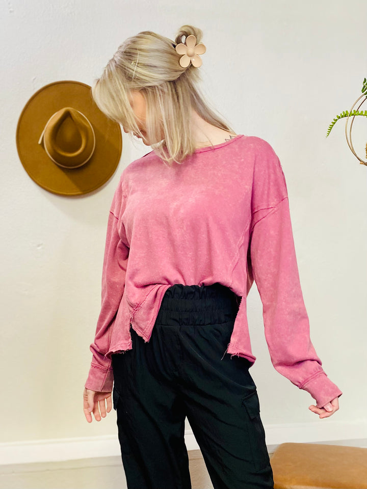 Vintage Rose Washed Knit Top-Tops-Anatomy Clothing Boutique in Brenham, Texas