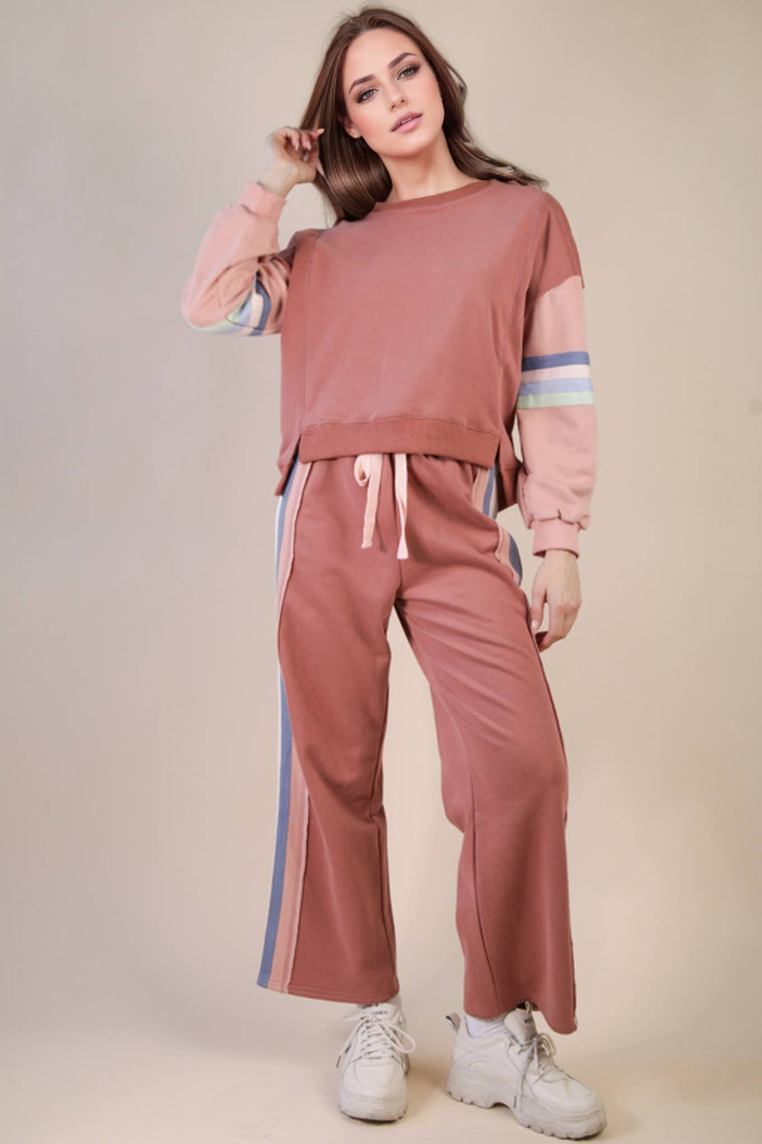 NT12360SET-Color Tape Detail Knit Top & Pants Comfy Set: DENIM / S-M-L/2-2-2-Anatomy Clothing Boutique in Brenham, Texas