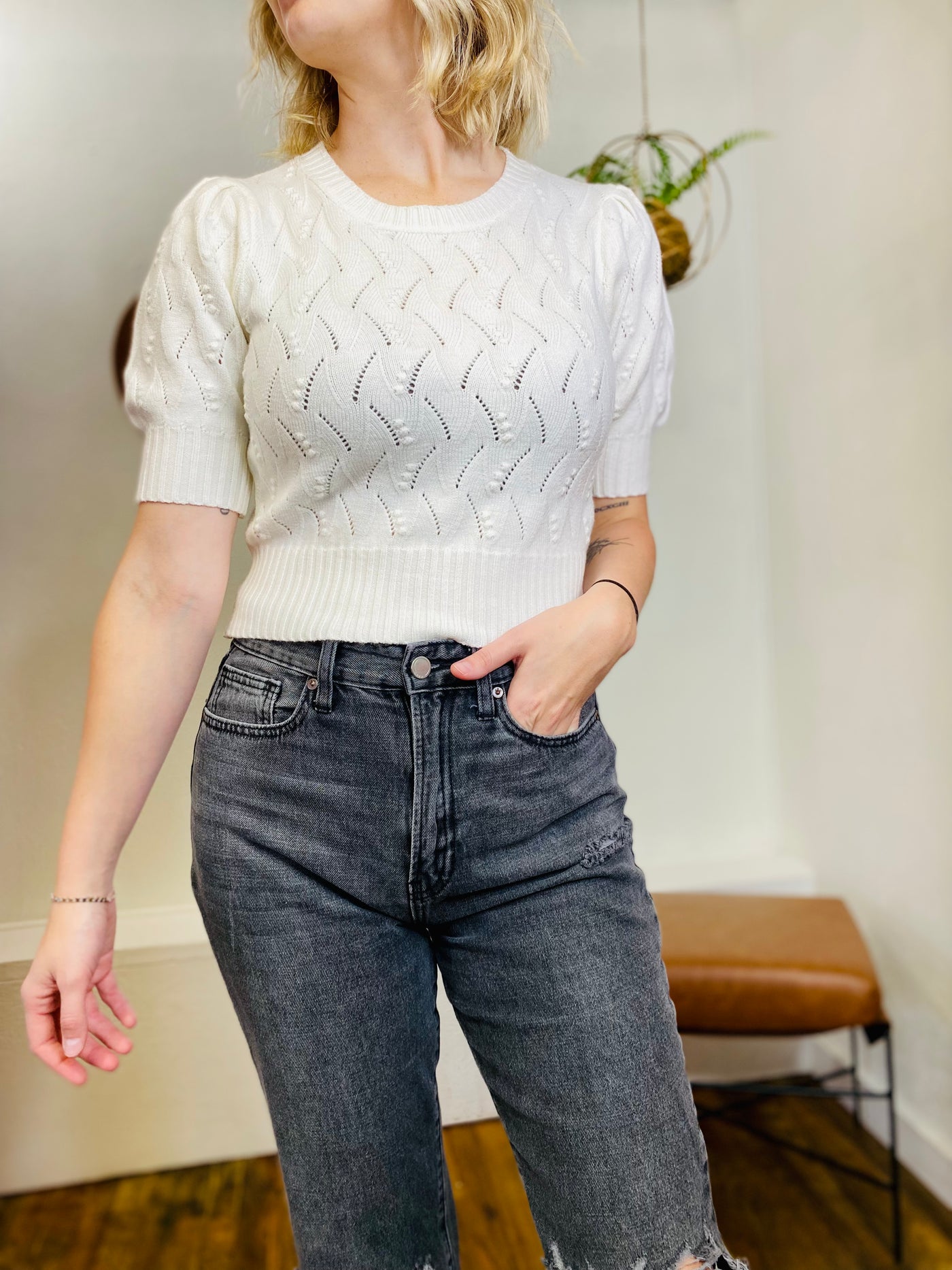 Bobbie Pointelle Knit Sweater APRICOT-Tops-Anatomy Clothing Boutique in Brenham, Texas