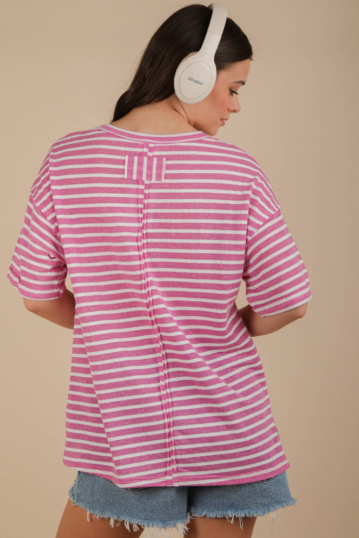 Oversized Stripe V-Neck Top-Rose-Tops-Anatomy Clothing Boutique in Brenham, Texas