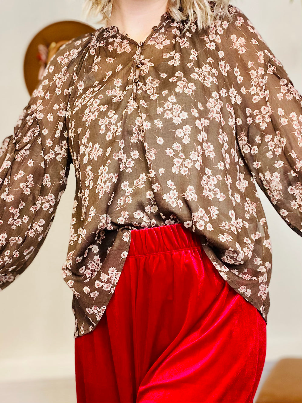 Free Fall Floral Long Sleeve Sheer Blouse-Tops-Anatomy Clothing Boutique in Brenham, Texas