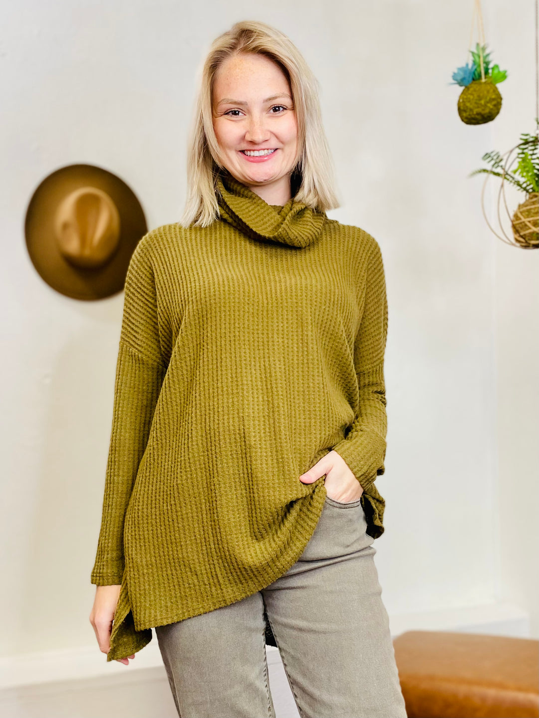 Cowl Neck Waffled Long Sleeve Top - Olive-Tops-Anatomy Clothing Boutique in Brenham, Texas