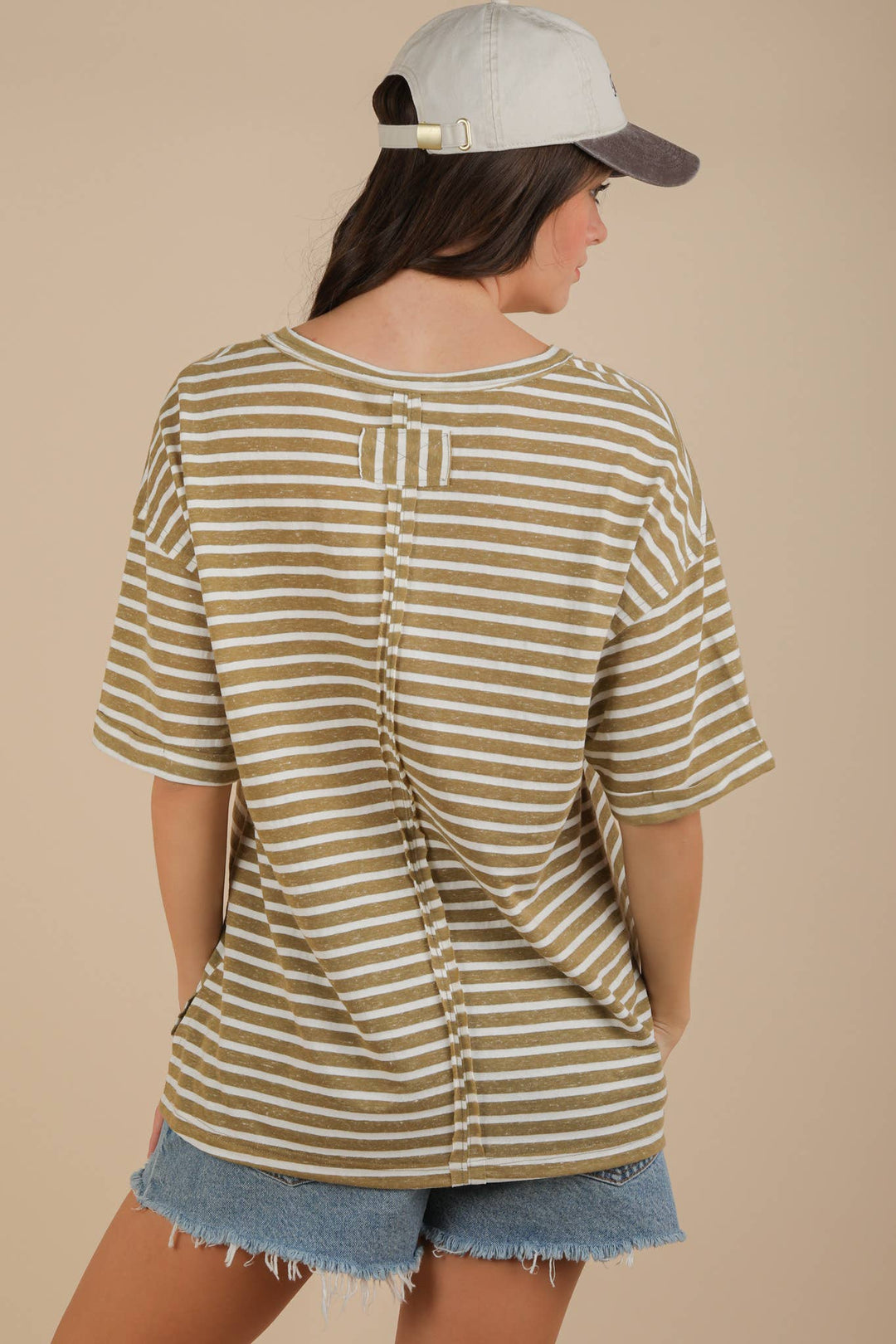 Oversized Stripe V-Neck Top-Olive-Tops-Anatomy Clothing Boutique in Brenham, Texas