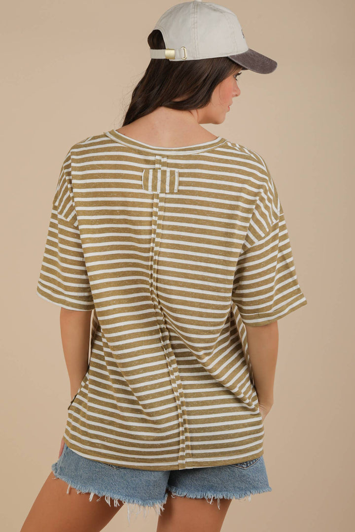 Oversized Stripe V-Neck Top-Olive-Tops-Anatomy Clothing Boutique in Brenham, Texas