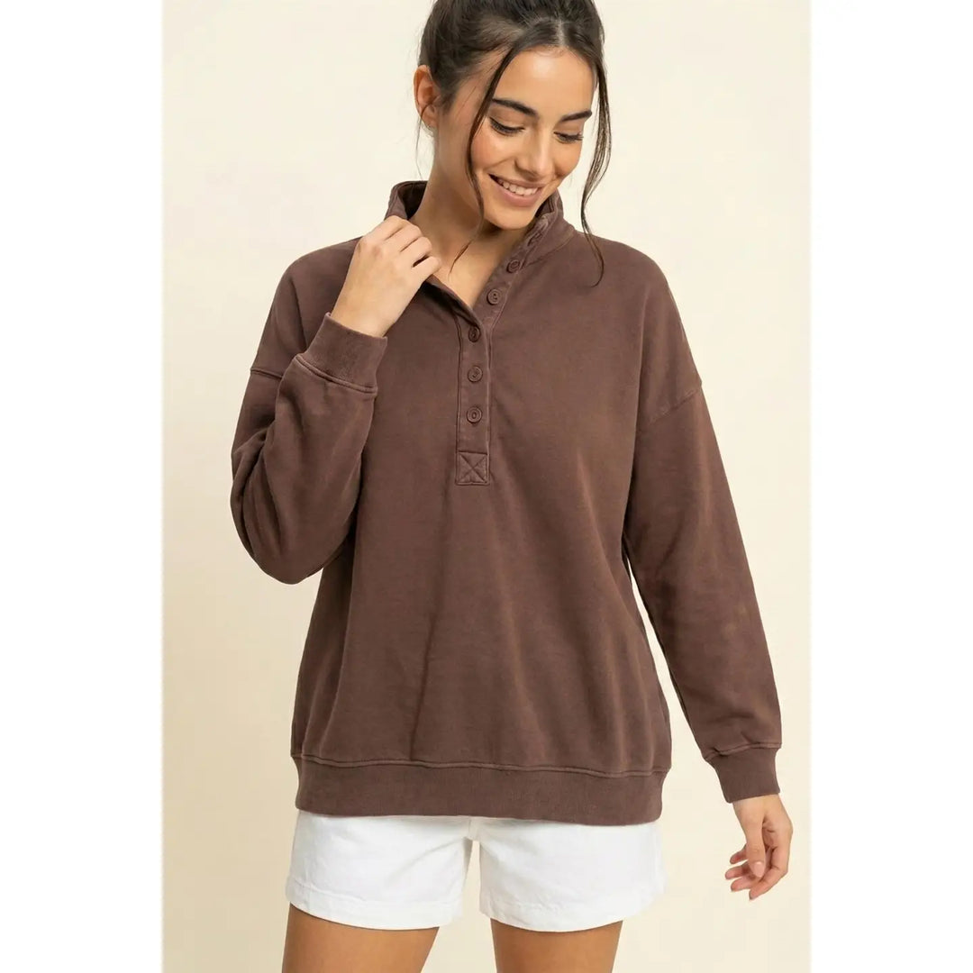 Mineral Wash Button Front Sweatshirt-Shirts & Tops-Anatomy Clothing Boutique in Brenham, Texas