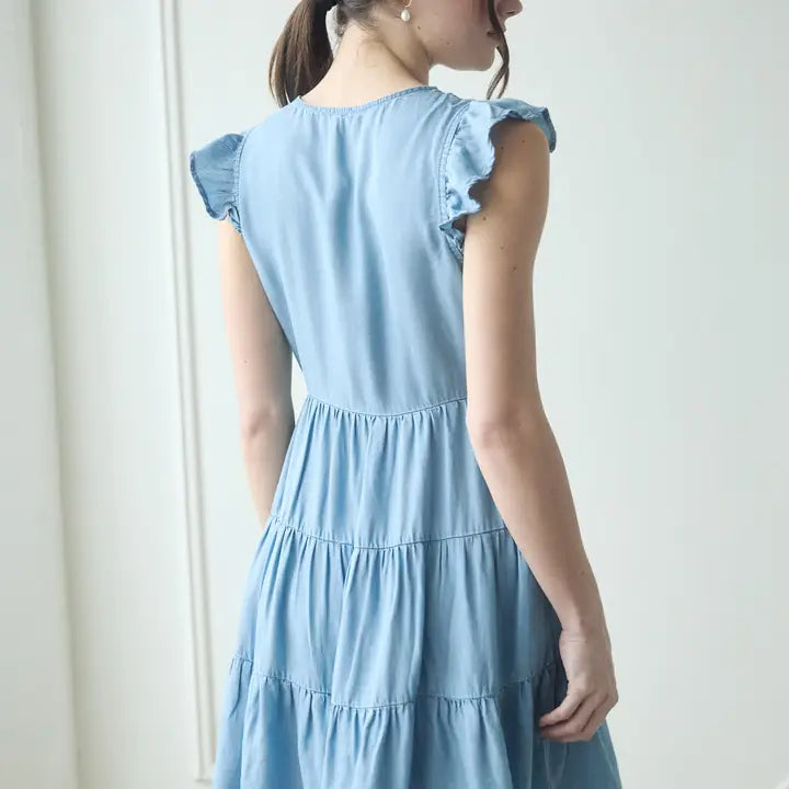 Chambray Button Down Tiered Mini Dress-Dresses-Anatomy Clothing Boutique in Brenham, Texas