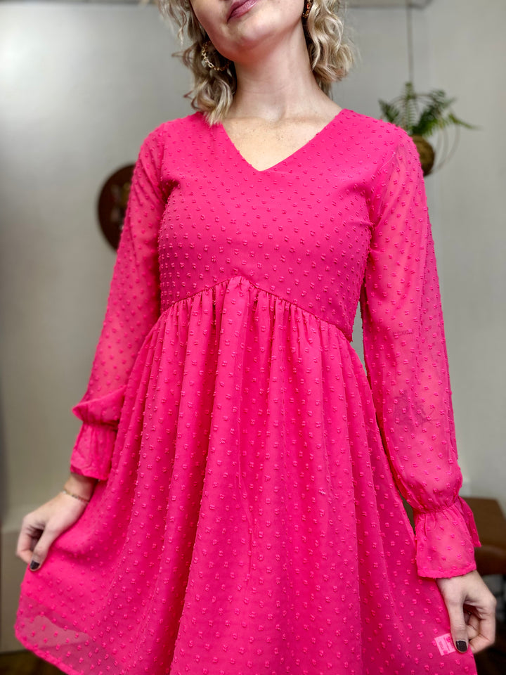Midnights Long Sleeve Dot Dress - Fuschia-Dresses-Anatomy Clothing Boutique in Brenham, Texas