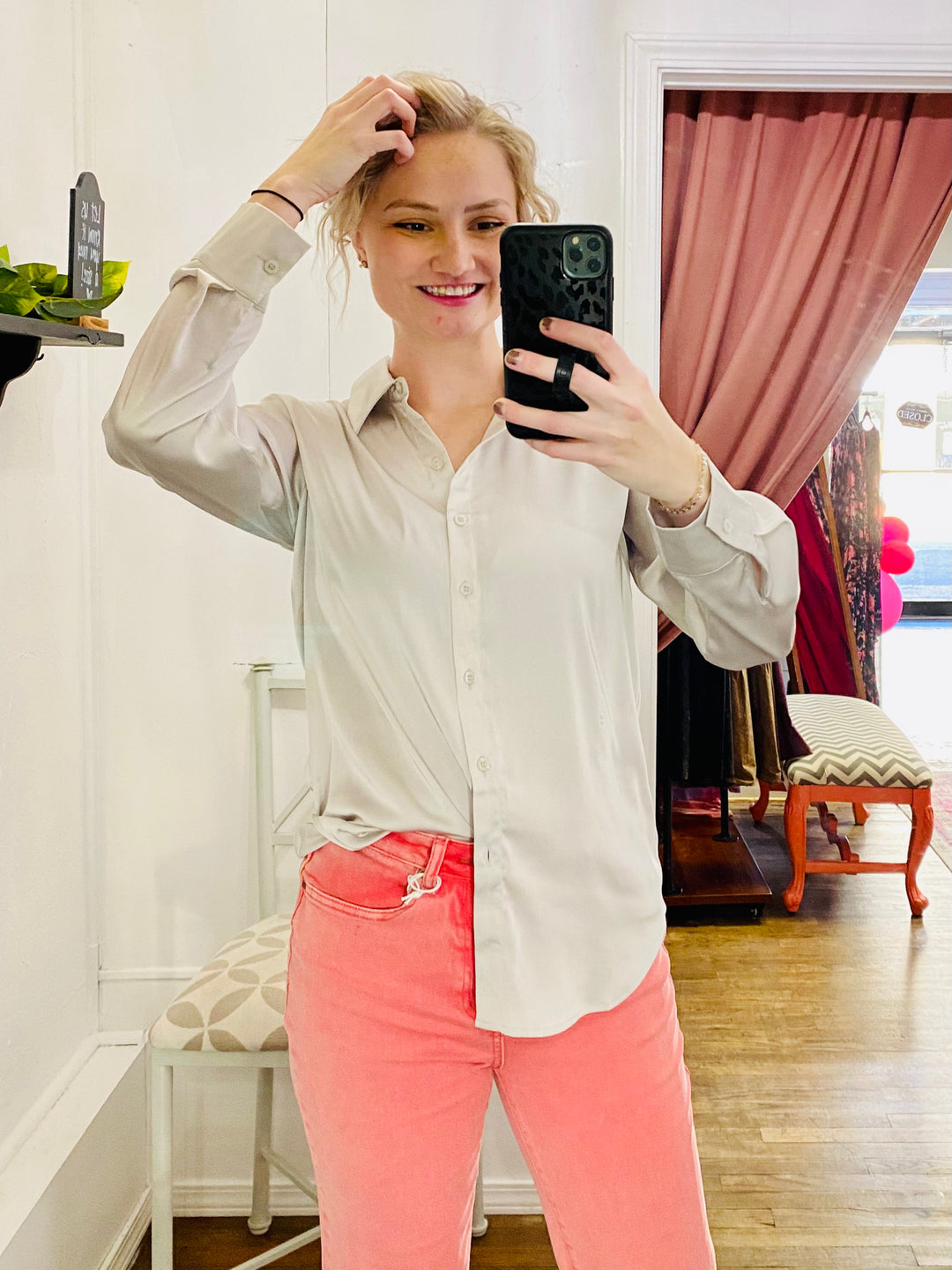 Best Days Satin Long Sleeve Button Up-Bottoms and Jeans-Anatomy Clothing Boutique in Brenham, Texas