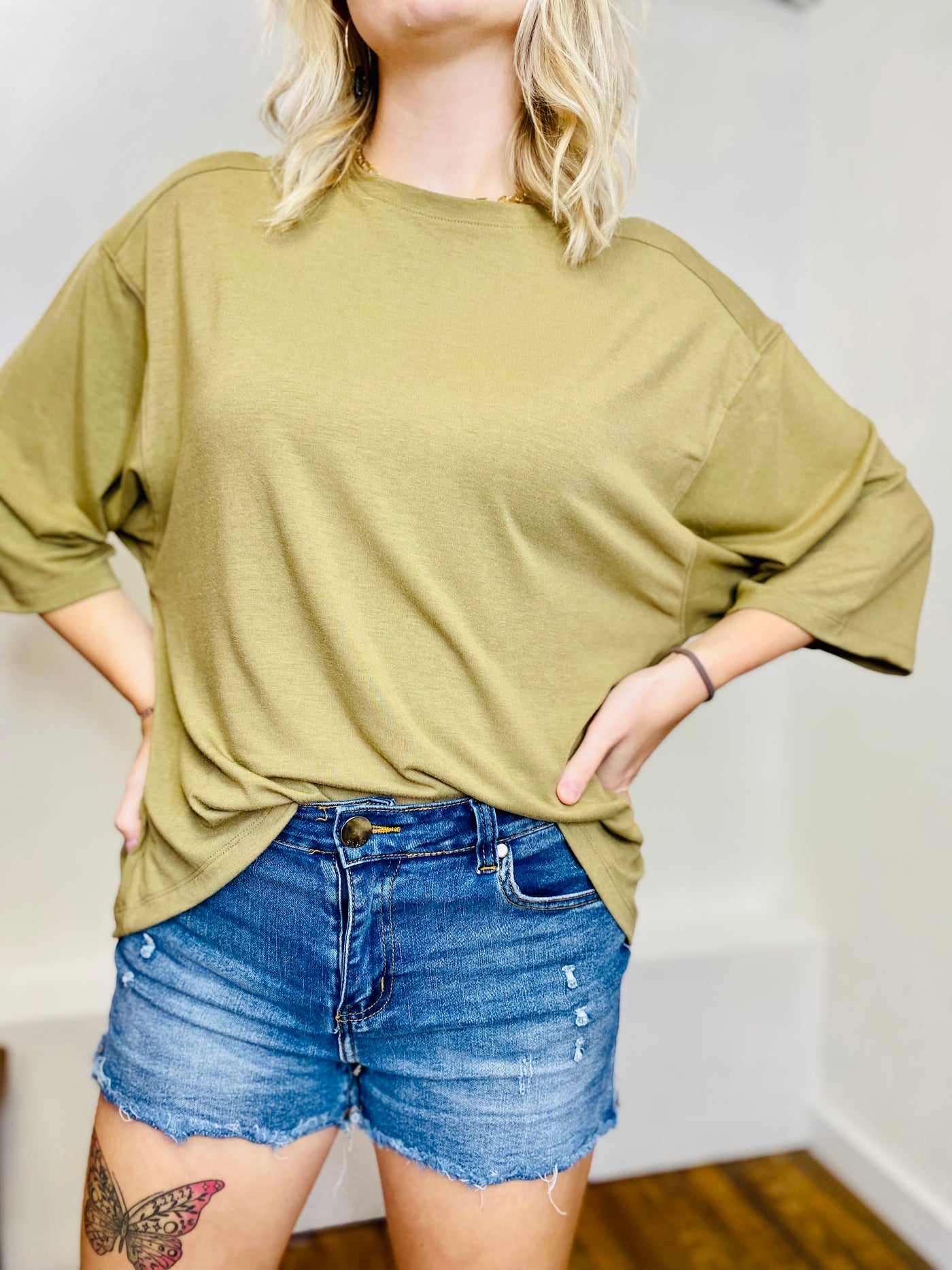 Drop Shoulder High Low Top - Khaki-Tops-Anatomy Clothing Boutique in Brenham, Texas