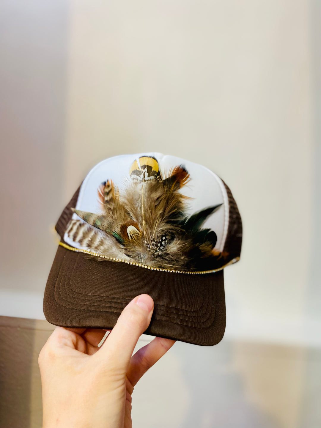 Custom Feather Trucker Hat - Brown Sparkly-Hat-Anatomy Clothing Boutique in Brenham, Texas