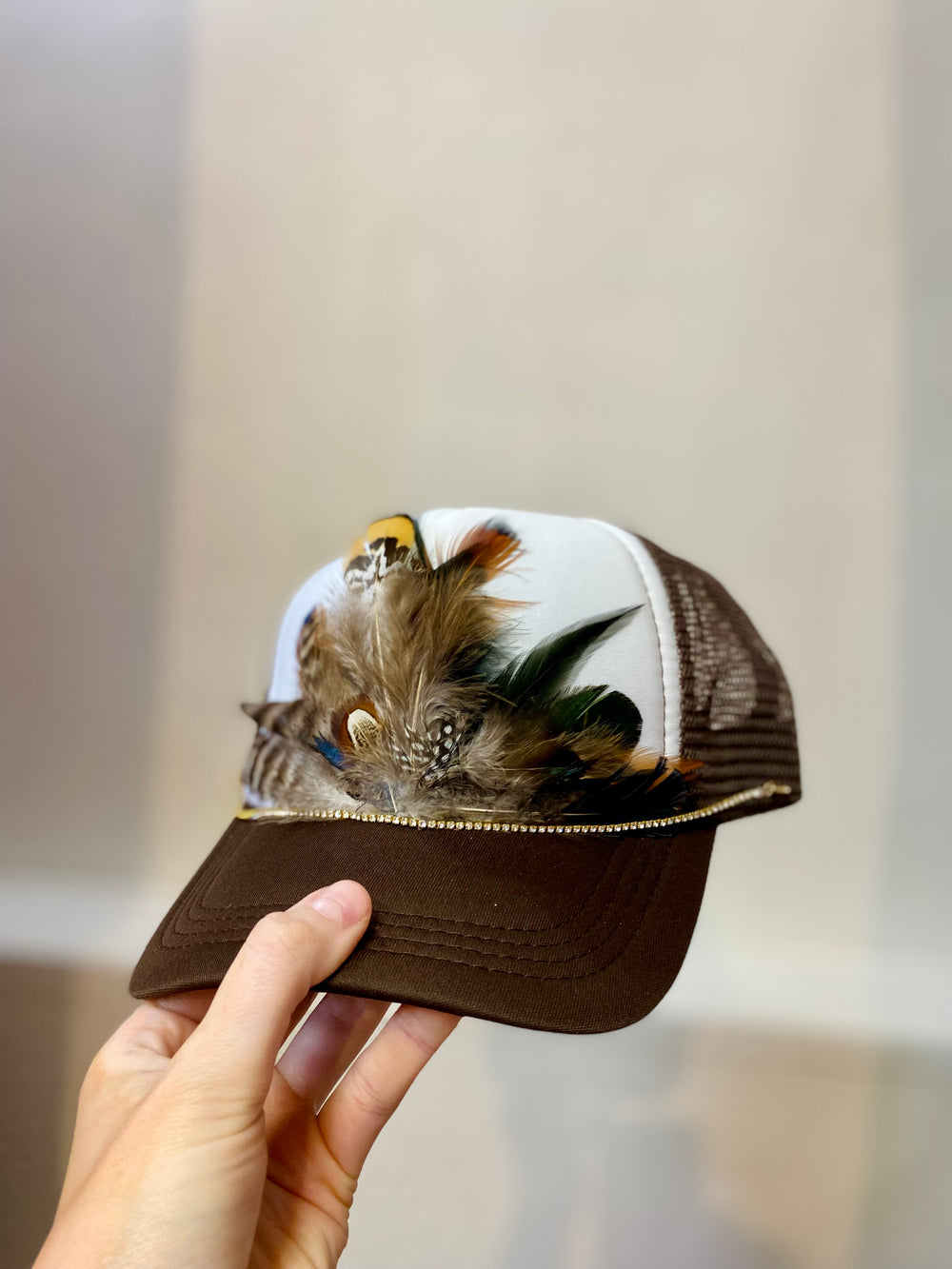 Custom Feather Trucker Hat - Brown Sparkly-Hat-Anatomy Clothing Boutique in Brenham, Texas