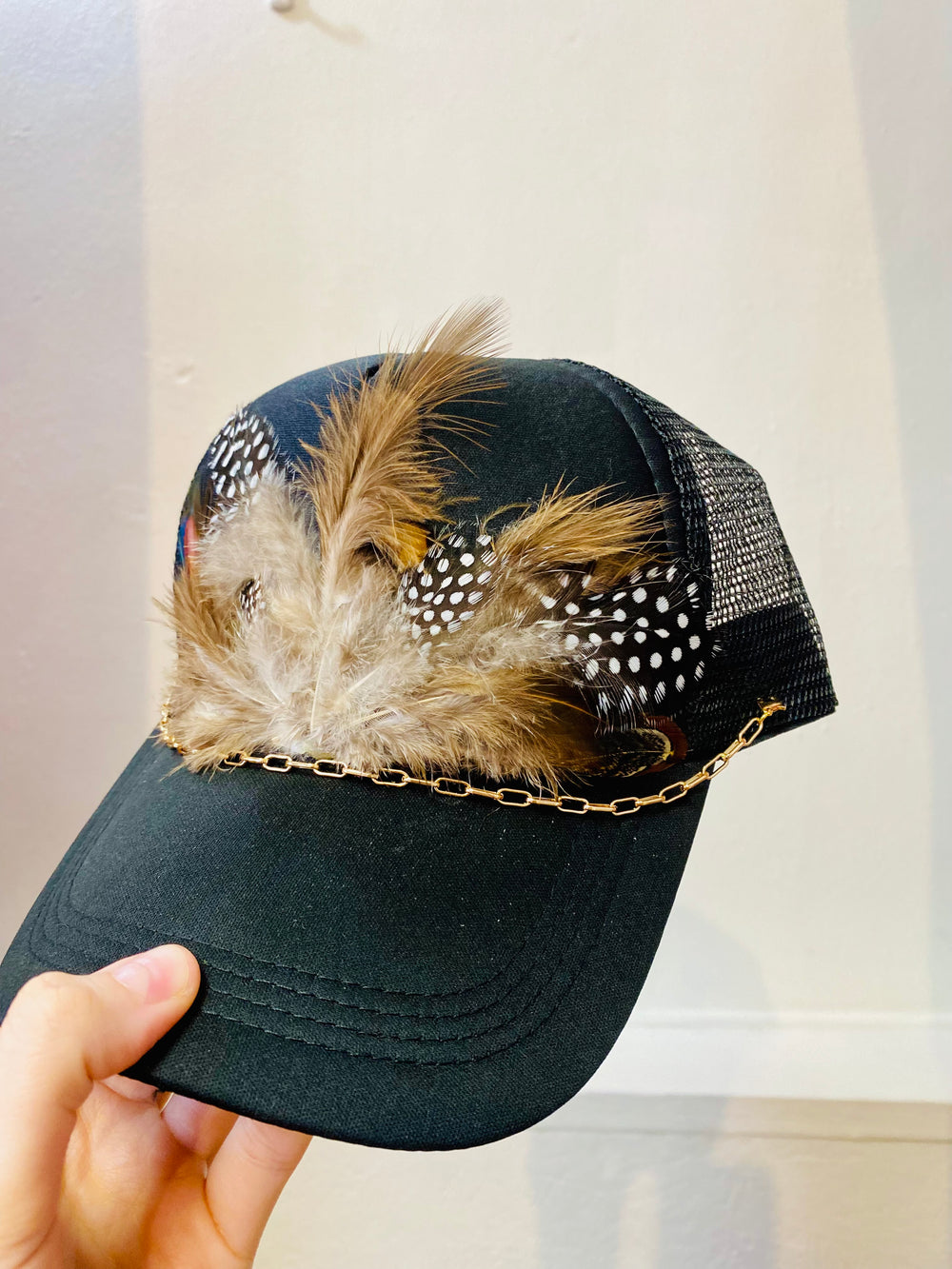 Custom Feather Trucker Hat - Black-Hat-Anatomy Clothing Boutique in Brenham, Texas