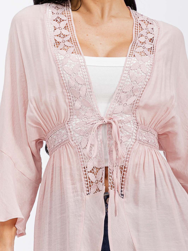 Blush Lace Tie Front Cardigan-Tops-Anatomy Clothing Boutique in Brenham, Texas