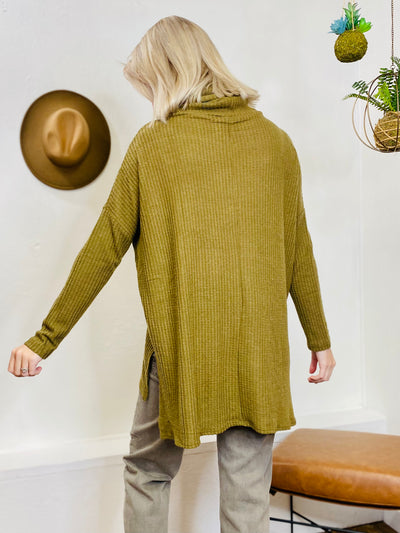 Cowl Neck Waffled Long Sleeve Top - Olive-Tops-Anatomy Clothing Boutique in Brenham, Texas
