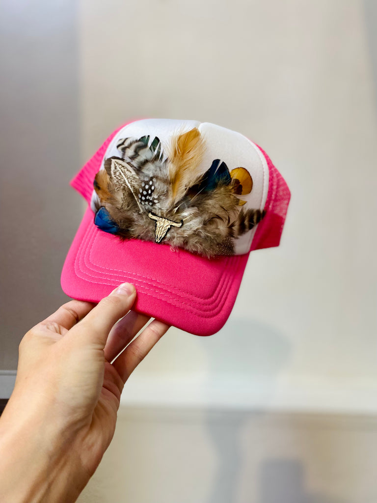 Handmade Flatbill Pink Feather Trucker Hat 5F81C583-E39A-4017-8013-  main image 3