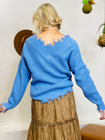 Bex Distressed Knit Sweater - Blue-Tops-Anatomy Clothing Boutique in Brenham, Texas