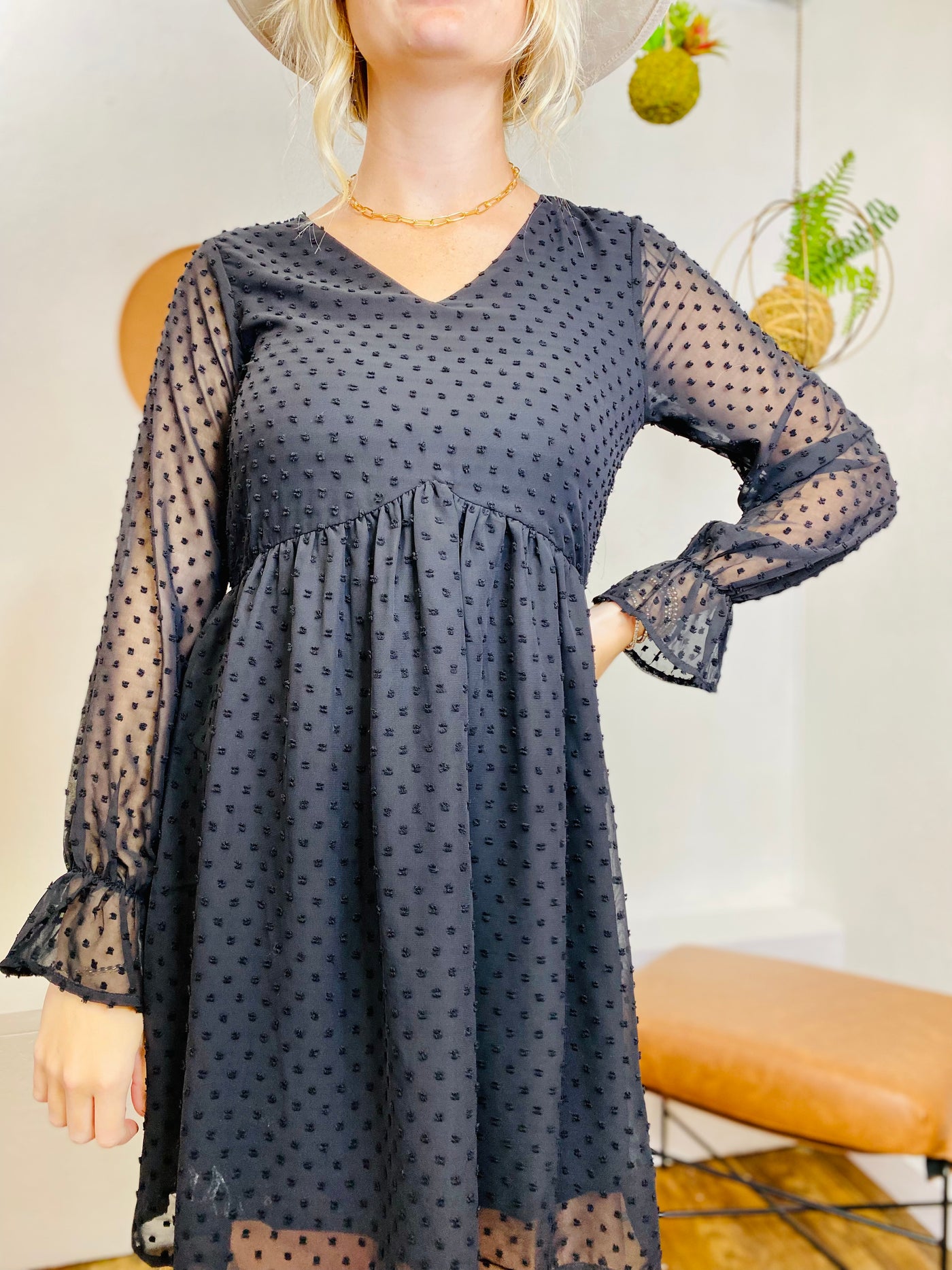 Midnights Long Sleeve Dot Dress-Dresses-Anatomy Clothing Boutique in Brenham, Texas