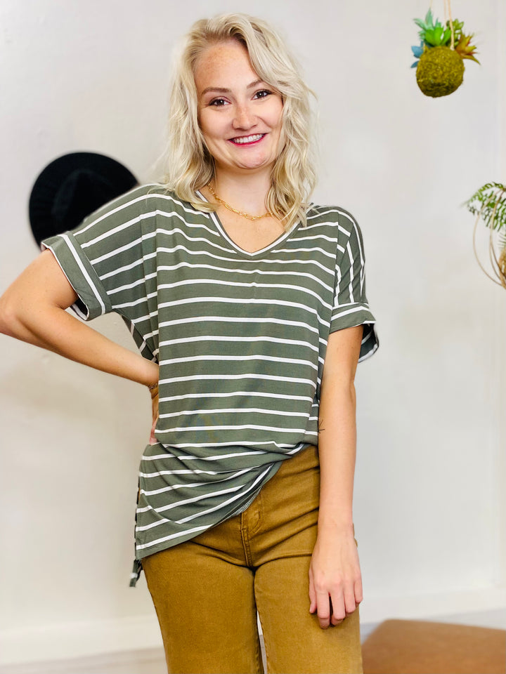 Terri Striped V Neck Tee - Olive-Tops-Anatomy Clothing Boutique in Brenham, Texas