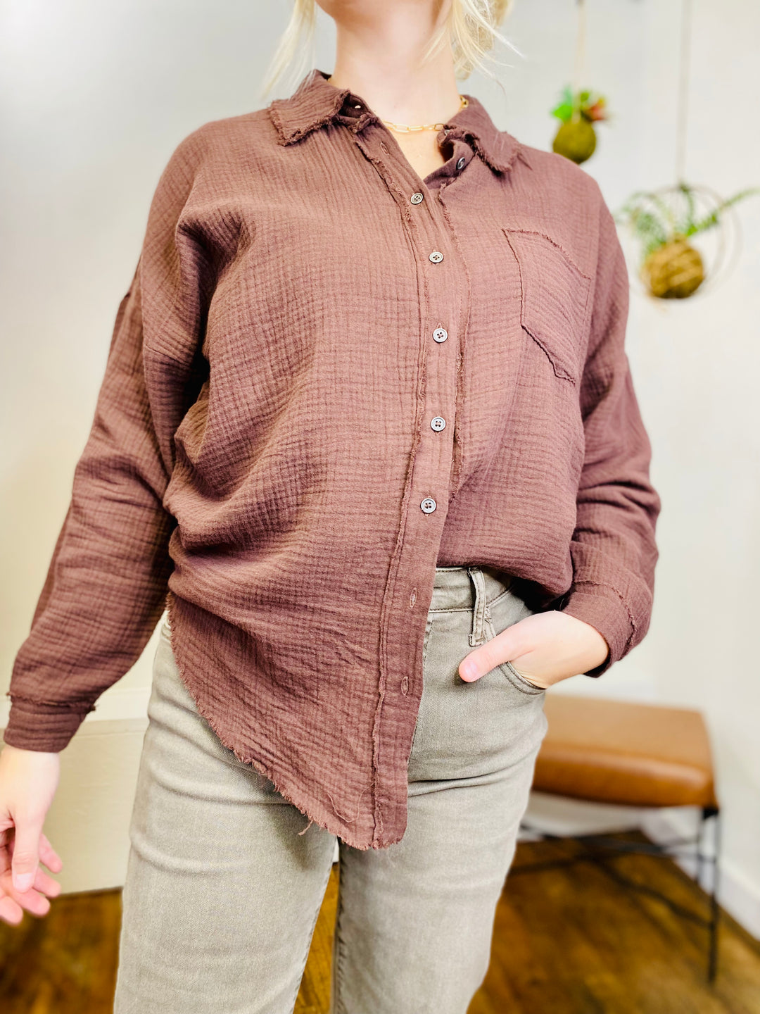 Indie Frayed Button Up Long Sleeve Top-Tops-Anatomy Clothing Boutique in Brenham, Texas