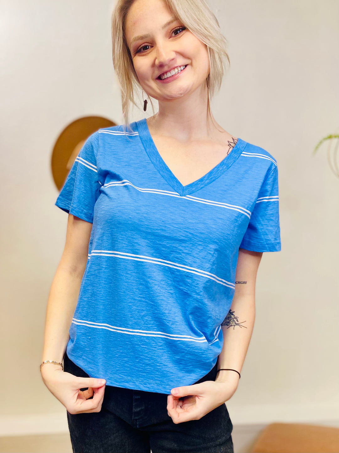 Twin Stripe V Neck Girlfriend Tee Z SUPPLY-Tops-Anatomy Clothing Boutique in Brenham, Texas