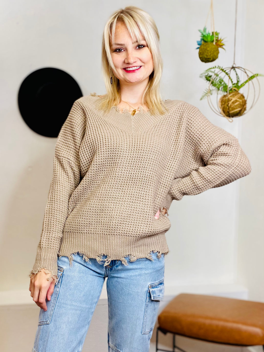 Bex Distressed Knit Sweater - Mocha-Tops-Anatomy Clothing Boutique in Brenham, Texas