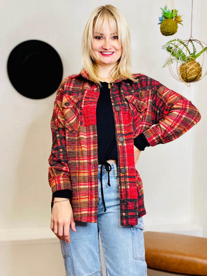 Bonfire Button Up Flannel - Red-Tops-Anatomy Clothing Boutique in Brenham, Texas