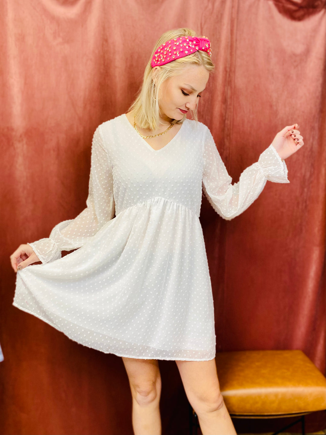 Midnights Long Sleeve Dot Dress - White-Dresses-Anatomy Clothing Boutique in Brenham, Texas