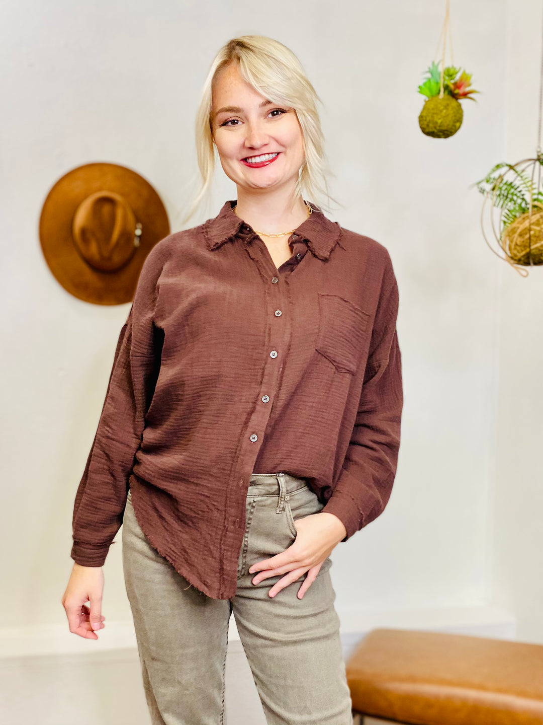 Indie Frayed Button Up Long Sleeve Top-Tops-Anatomy Clothing Boutique in Brenham, Texas