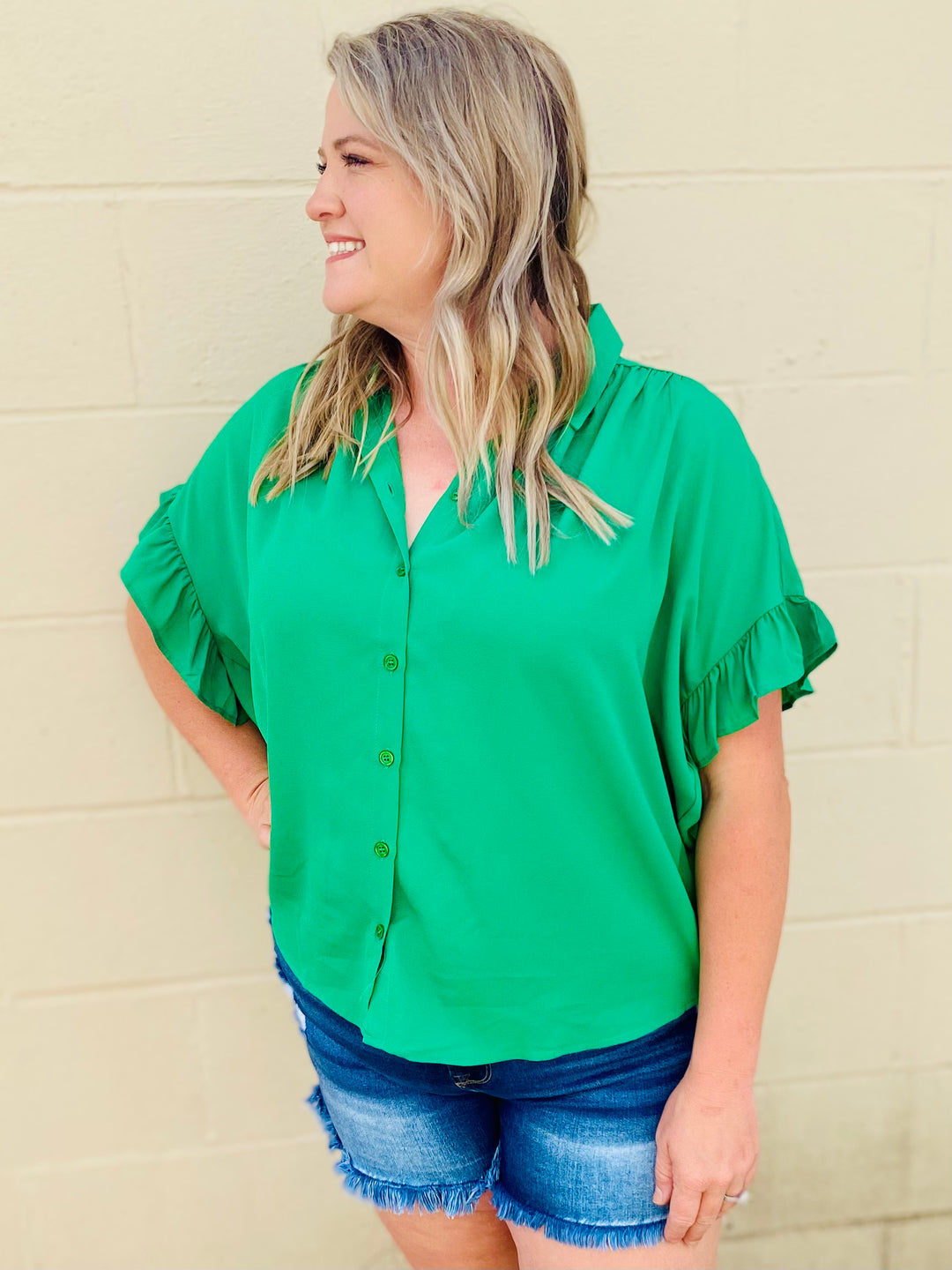 Rubie Ruffled Button Up Blouse-Tops-Anatomy Clothing Boutique in Brenham, Texas