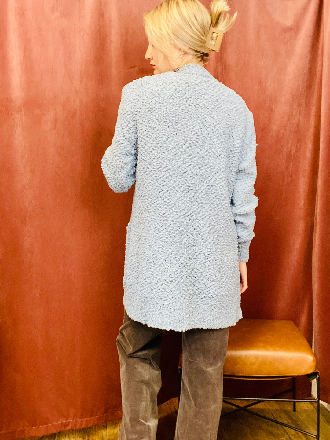 Popcorn Open Front Cardigan - Blue-Tops-Anatomy Clothing Boutique in Brenham, Texas