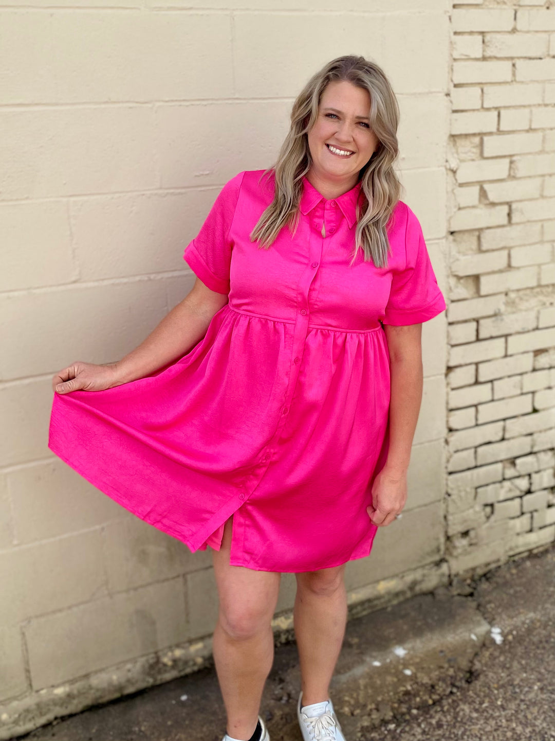 Pink Dreams Satin Button Dress-Dresses-Anatomy Clothing Boutique in Brenham, Texas
