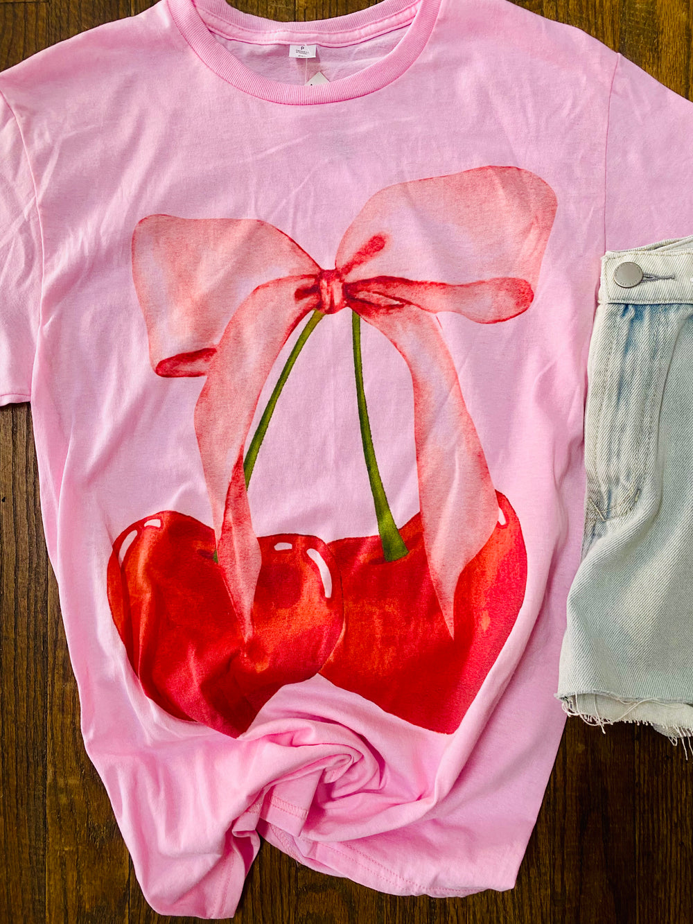 Cherry Bow Pink Graphic Tee-Tops-Anatomy Clothing Boutique in Brenham, Texas