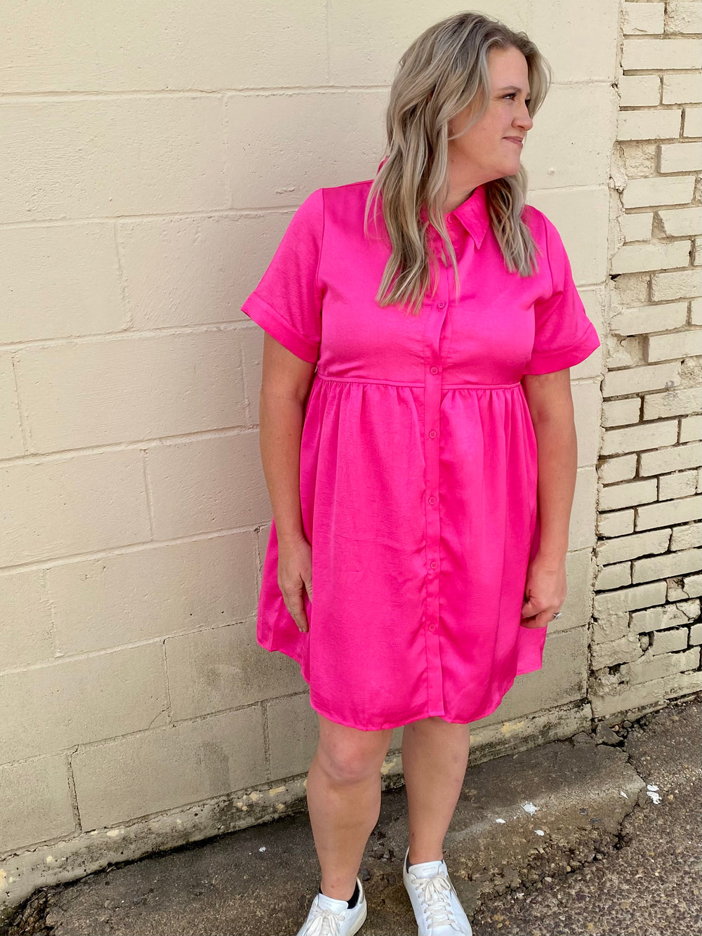 Pink Dreams Satin Button Dress-Dresses-Anatomy Clothing Boutique in Brenham, Texas