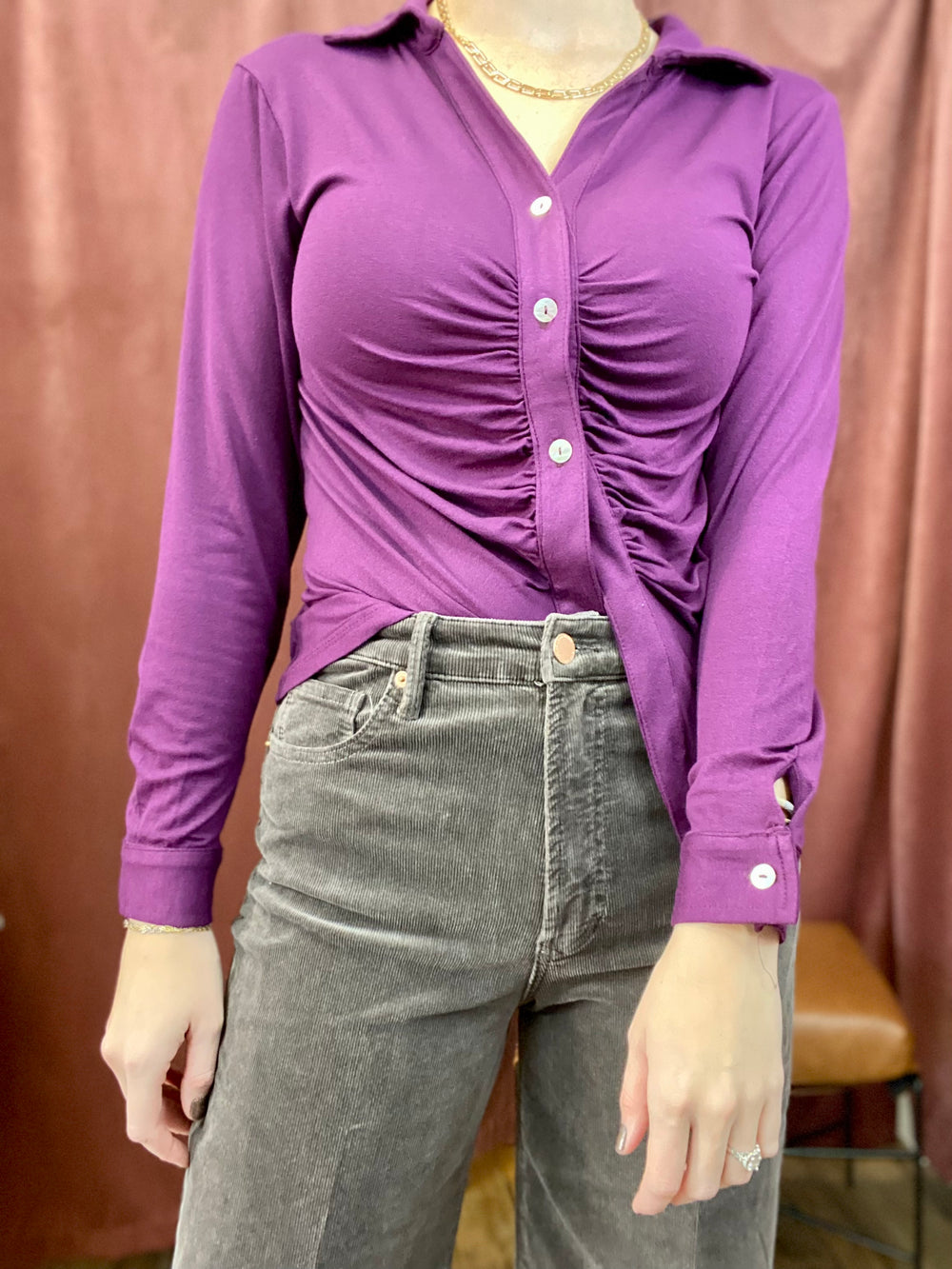 Ruched Plum Long Sleeve Blouse-Tops-Anatomy Clothing Boutique in Brenham, Texas