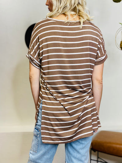 Terri Striped V Neck Tee - Mocha-Tops-Anatomy Clothing Boutique in Brenham, Texas