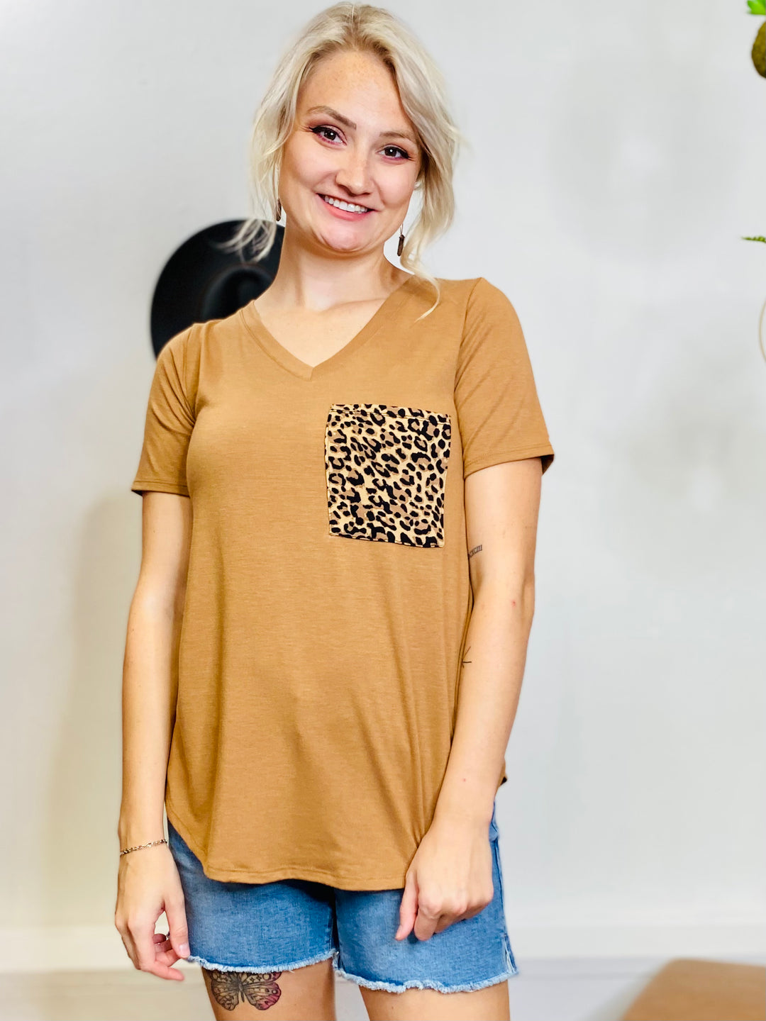 V Neck Leopard Pocket Tee-Tops-Anatomy Clothing Boutique in Brenham, Texas