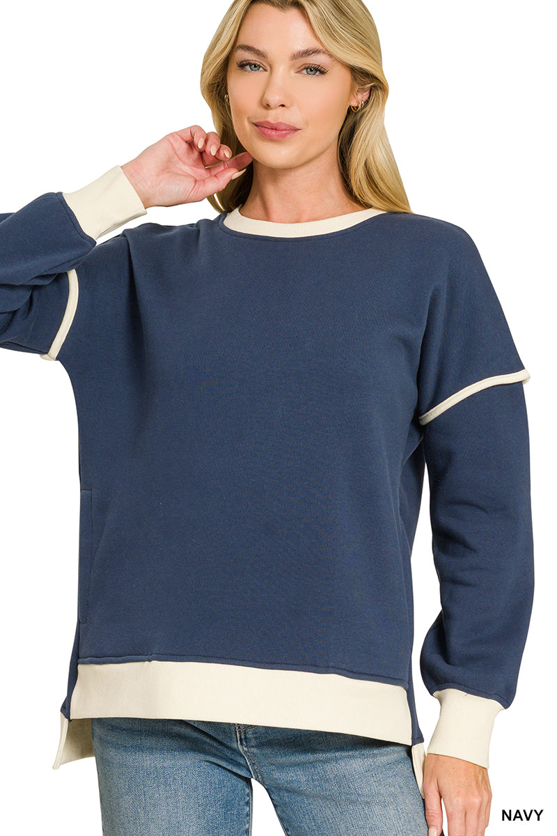 Easy Contrast French Terry Pullover - Navy-Tops-Anatomy Clothing Boutique in Brenham, Texas