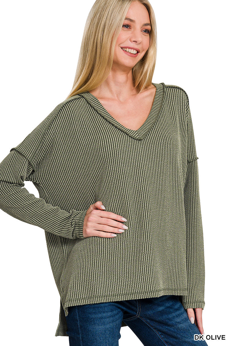 Easy On Me Ribbed V-Neck Top - Olive-Tops-Anatomy Clothing Boutique in Brenham, Texas