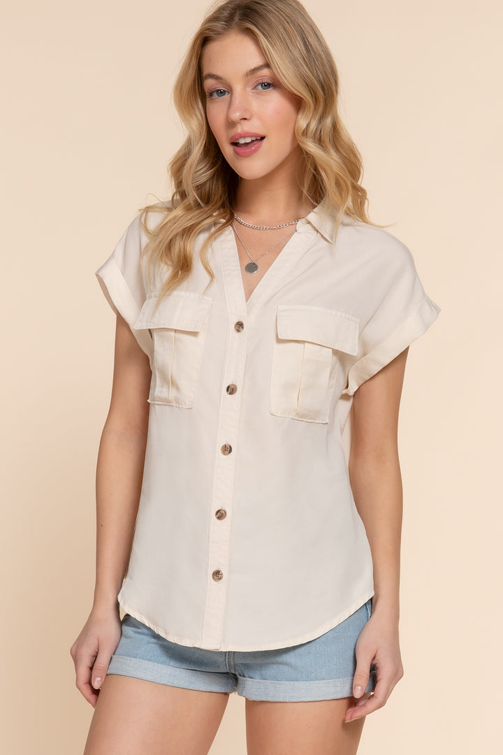 Downtown Days Button Down - Beige-Tops-Anatomy Clothing Boutique in Brenham, Texas