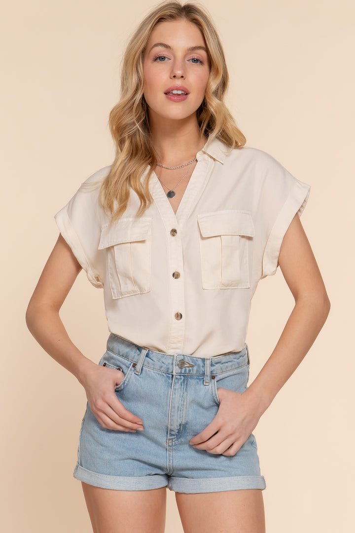 Downtown Days Button Down - Beige-Tops-Anatomy Clothing Boutique in Brenham, Texas