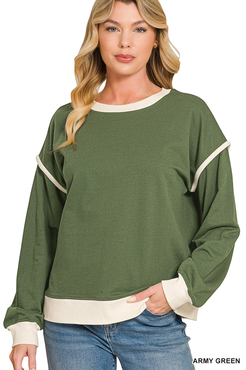 Easy Contrast French Terry Pullover - Olive-Tops-Anatomy Clothing Boutique in Brenham, Texas
