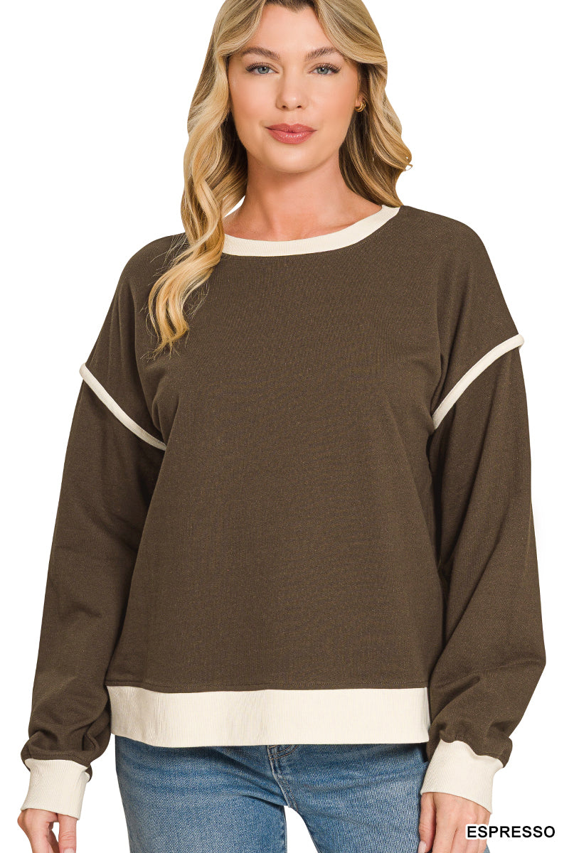 Easy Contrast French Terry Pullover - Espresso-Tops-Anatomy Clothing Boutique in Brenham, Texas