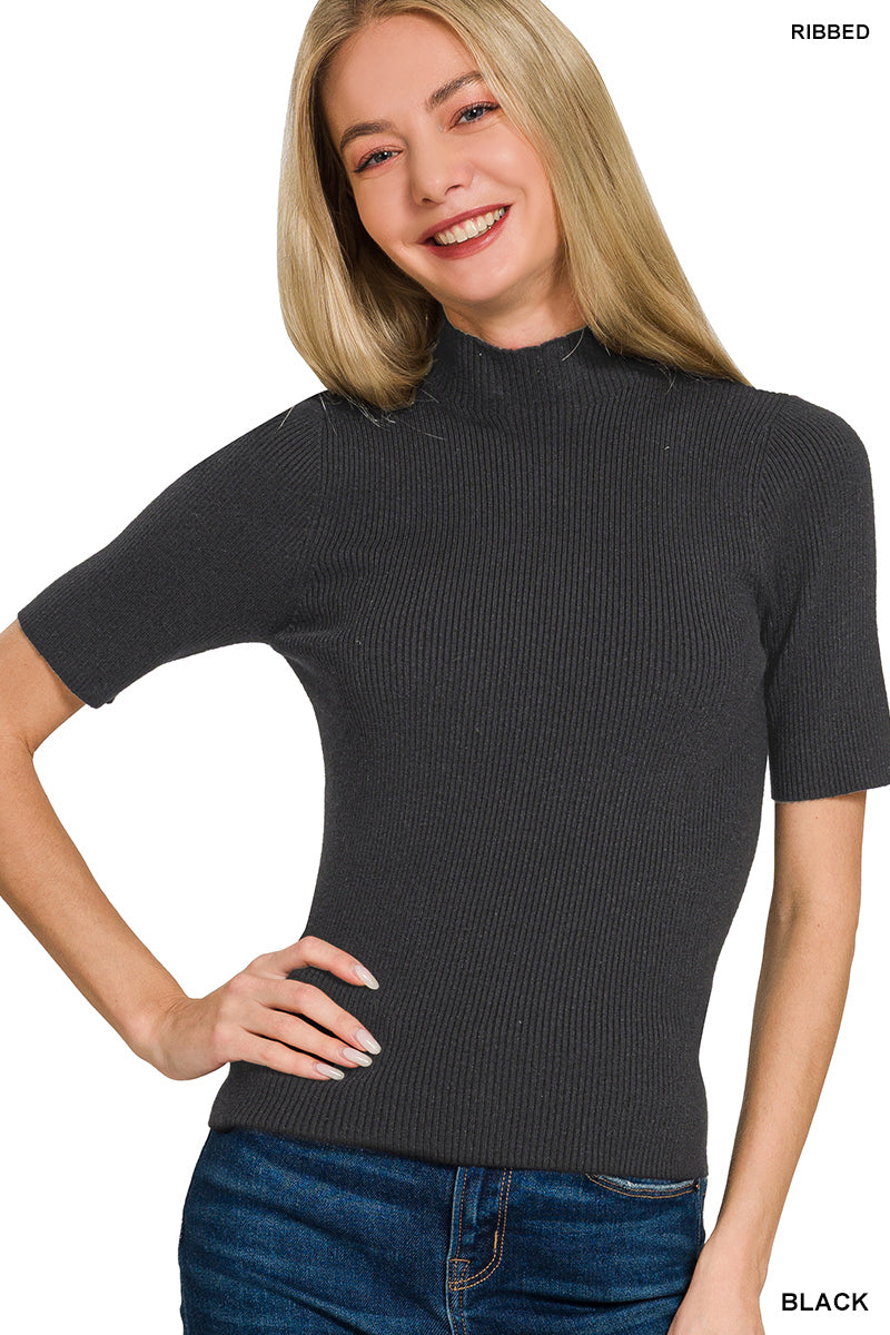 Presley Ribbed Mock Neck Sweater - Black-Tops-Anatomy Clothing Boutique in Brenham, Texas