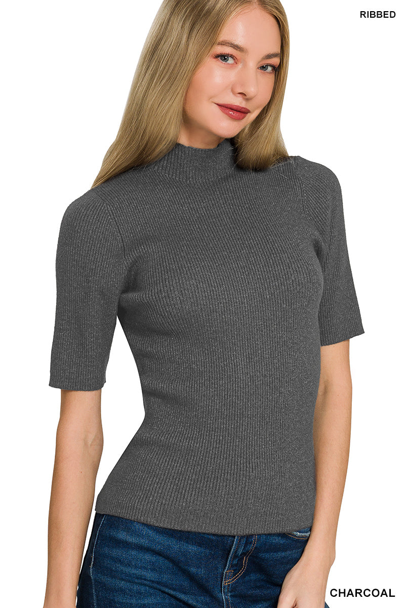 Presley Ribbed Mock Neck Sweater - Charcoal-Tops-Anatomy Clothing Boutique in Brenham, Texas