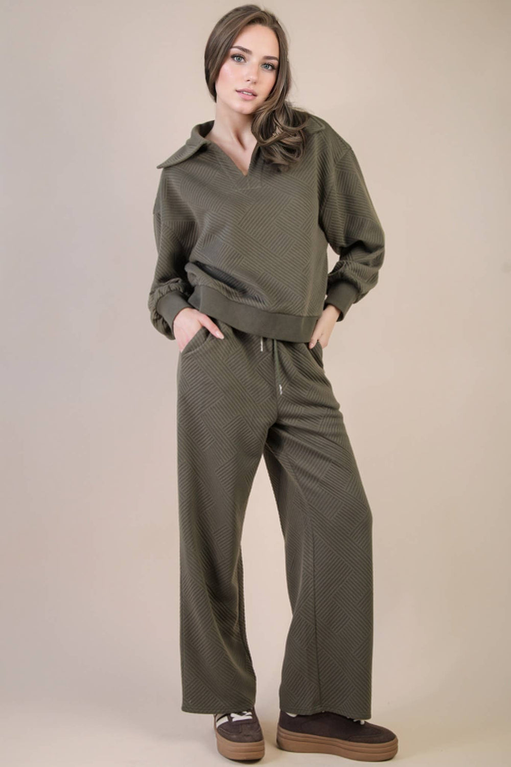 NT12404SET-Textured Knit Casual Comfy Top & Pants Set: H GREY / S-M-L/2-2-2-Anatomy Clothing Boutique in Brenham, Texas